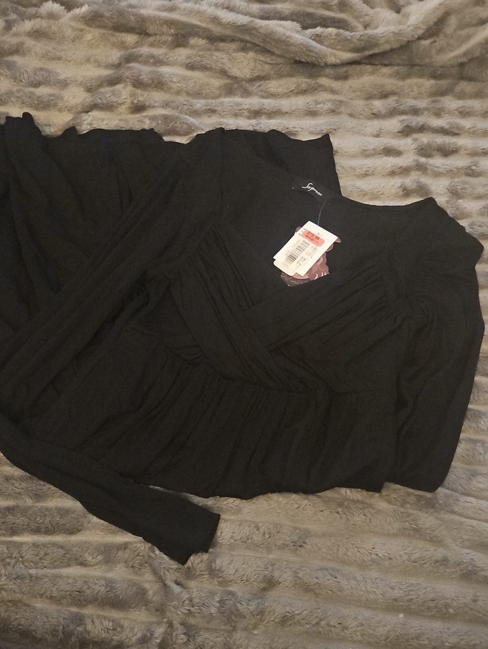 Soprano Black Long Sleeve Top with Decorative Tag